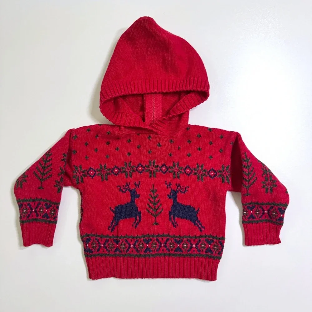 Vintage Hartstrings Sweater 24 Mos Red Fair Isle Nordic Hooded Zip Back Cotton